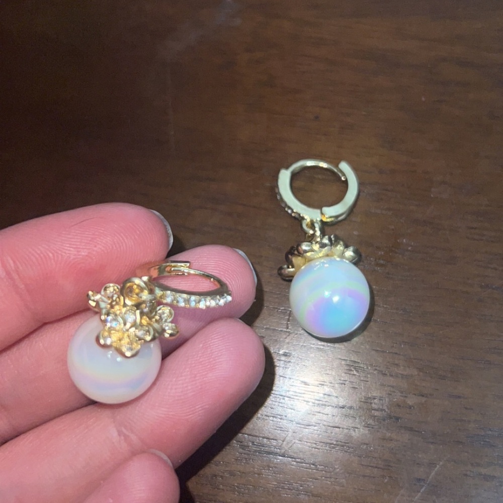 Dangly faux Pearl gold and diamond earrings